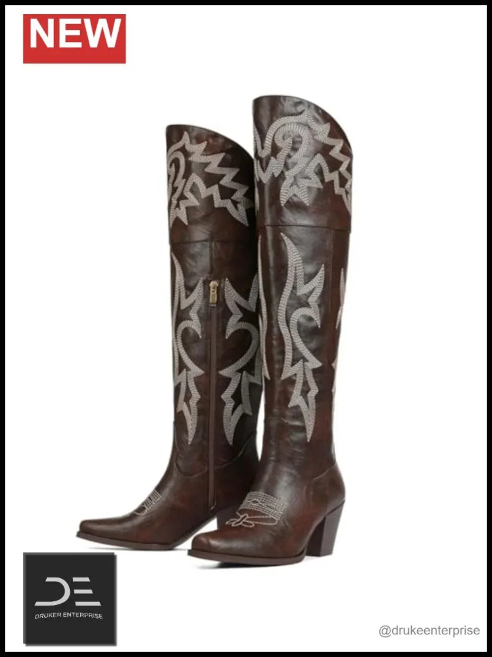 Embroidered Over-the-Knee Cowboy Boots Faux Leather Tall Boots Western